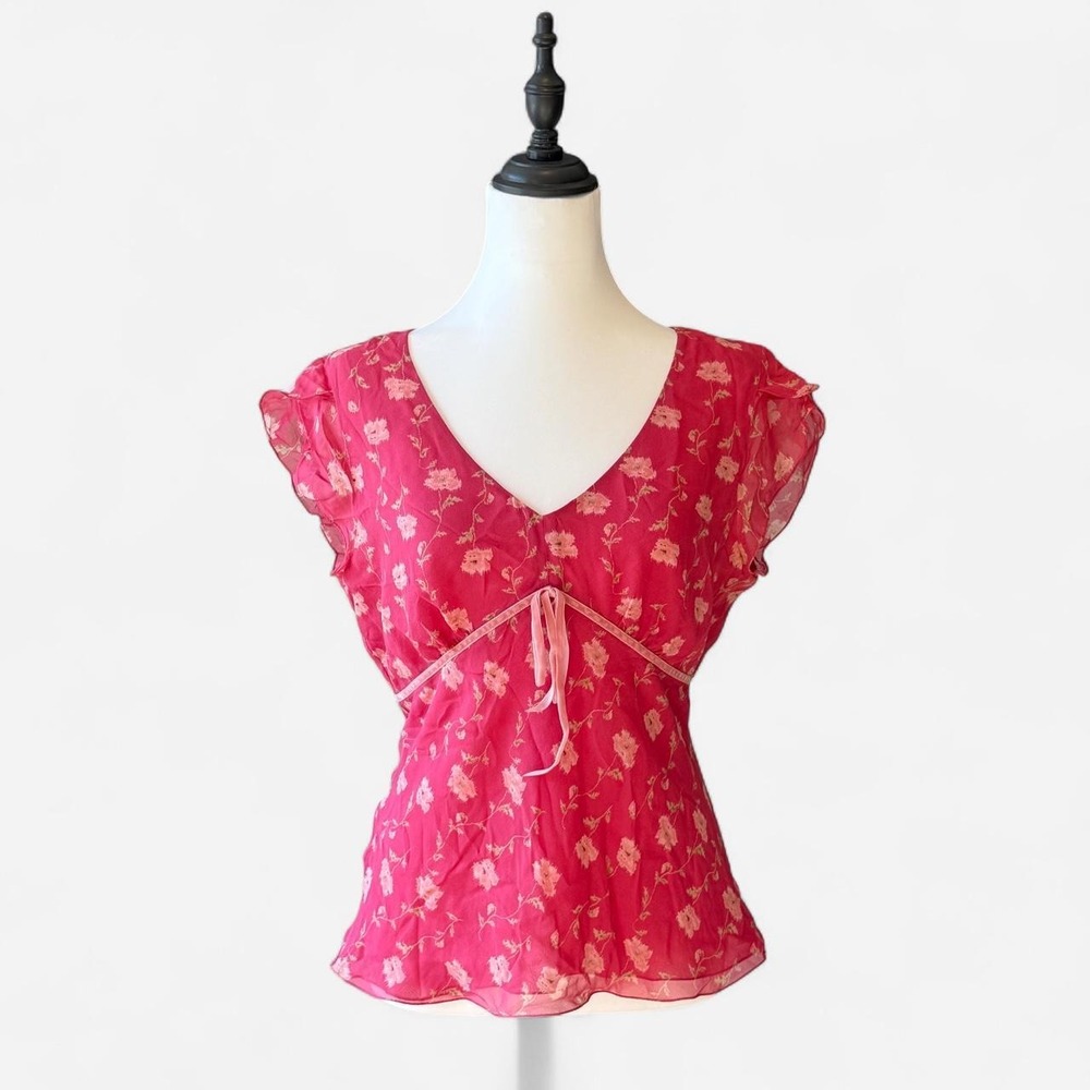 Ann Taylor Rose Floral Silk Chiffon Flutter Sleeve Blouse Pink V-Neck Size 8